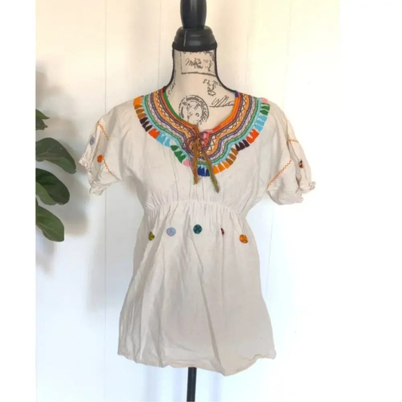Mexican Tunic Top embroidered Blouse Handmade Hippie Boho One Size (S-L) - Picture 1 of 7